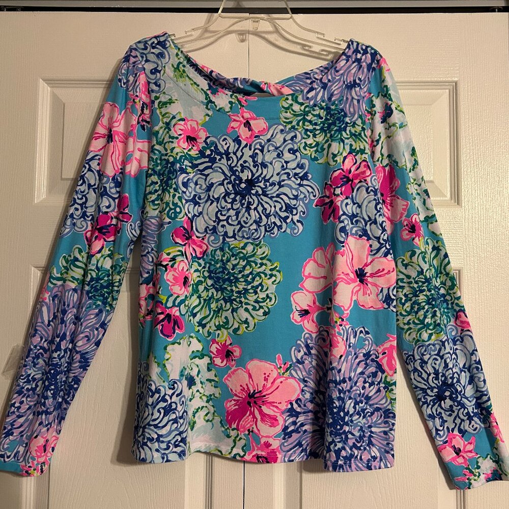 LILLY PULITZER Sz L TRISTAN TOP Special Delivery Pink Blue Keyhole Twist Back